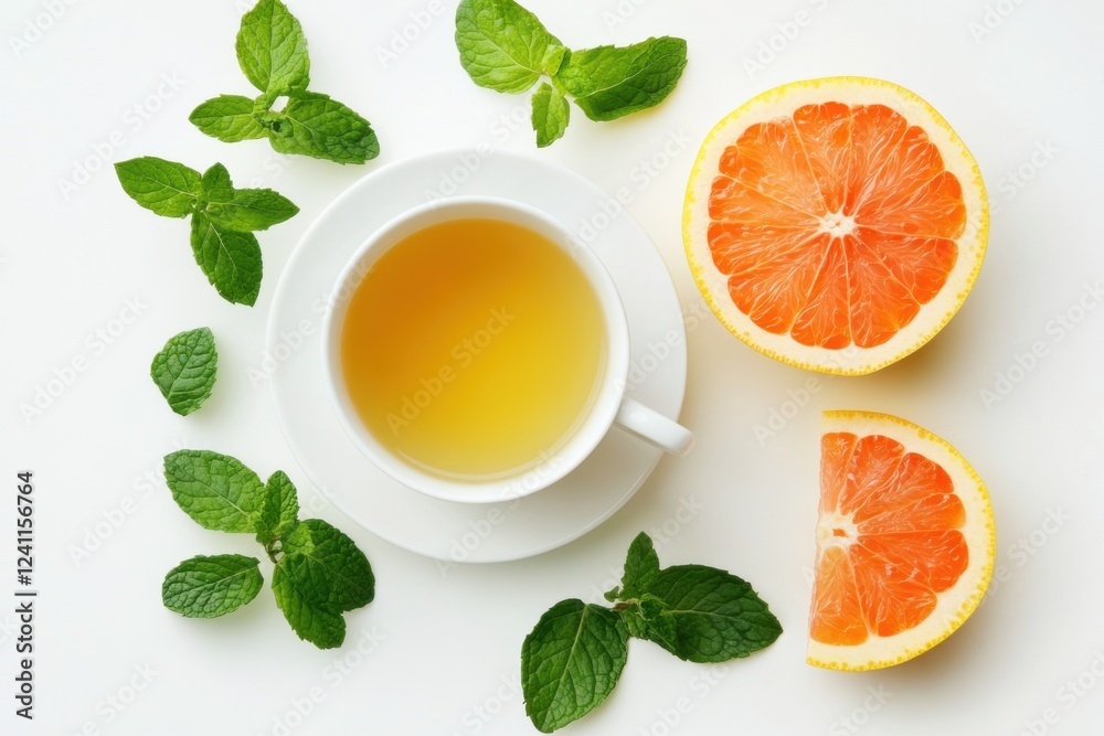 Pomelo green tea with mint leaves, minimalist style, pastel colors, healthy beverage concept Pomelo green tea with mint leaves, minimalist style, pastel colors, healthy beverage concept