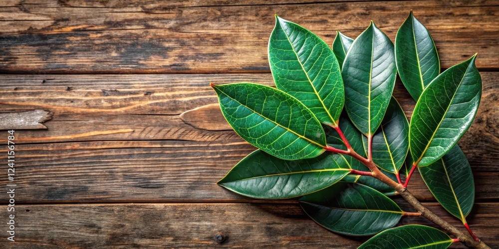 Dark green Syzygium cumini leaves with intricate veins on a rustic wooden background Dark green Syzygium cumini leaves with intricate veins on a rustic wooden background