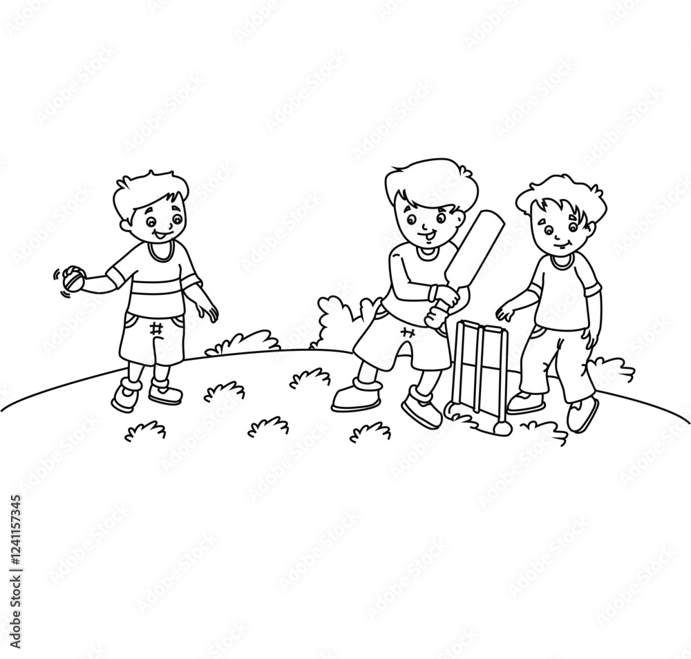 Cute cartoon hand drawn vector kids playing cricket match coloring page. Cute cartoon hand drawn vector kids playing cricket match coloring page.