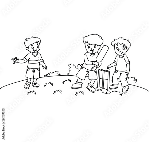 Cute cartoon hand drawn vector kids playing cricket match coloring page.