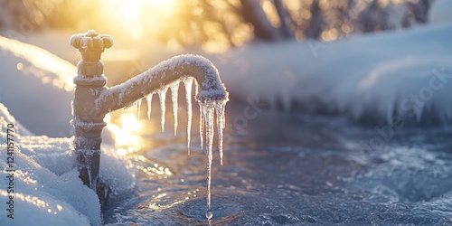 Frozen Faucet at Sunrise: A Winter Wonderland Scene photo