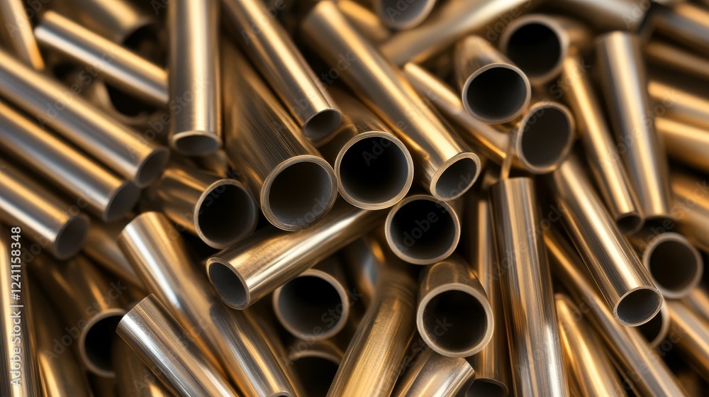 Close-up view of metallic straws piled together, showcasing their shiny surface and circular openings Close-up view of metallic straws piled together, showcasing their shiny surface and circular openings