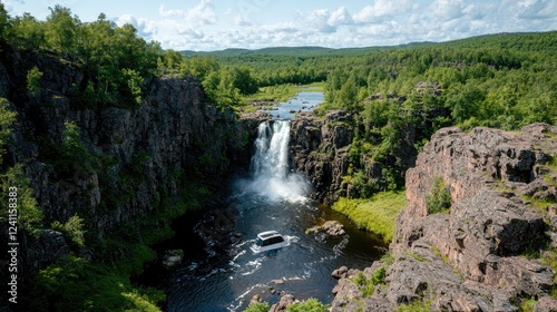 Car submerged near waterfall, dramatic landscape