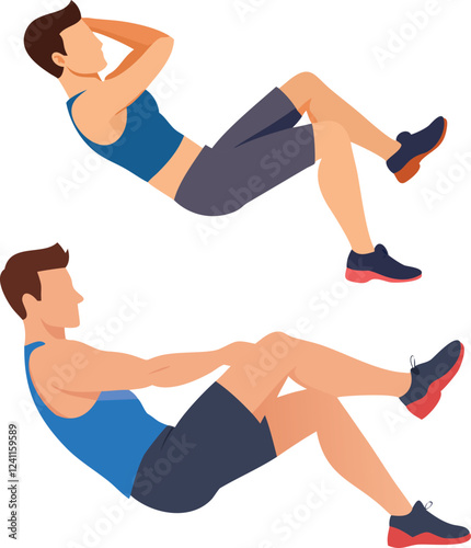 Full shot of two men in athletic wear performing a crunch exercise.