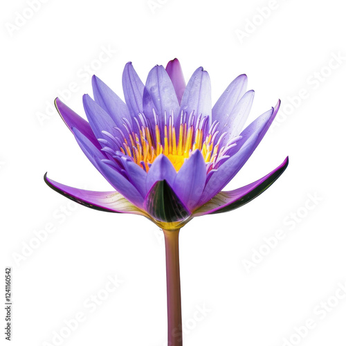 vibrant purple water lily with yellow center, showcasing delicate petals and slender stem, symbolizes beauty and tranquility in nature