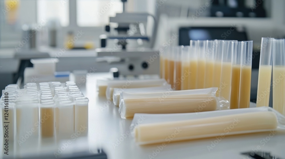 A medium closeup of laboratory equipment displaying various samples of biodegradable films stretched across a workbench with a focus on their varying thicknesses and surface finishes. A medium closeup of laboratory equipment displaying various samples of biodegradable films stretched across a workbench with a focus on their varying thicknesses and surface finishes.