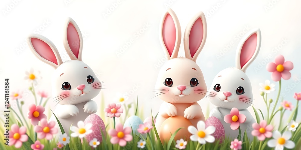 Fototapeta premium Easter background featuring a charming spring scene with pastel-colored Easter eggs, blooming flowers, and a cute bunny