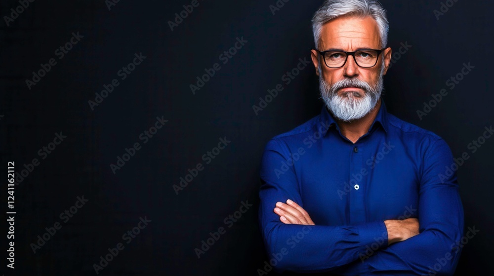 Mature Man with Beard and Glasses Posing Against Dark Background Mature Man with Beard and Glasses Posing Against Dark Background