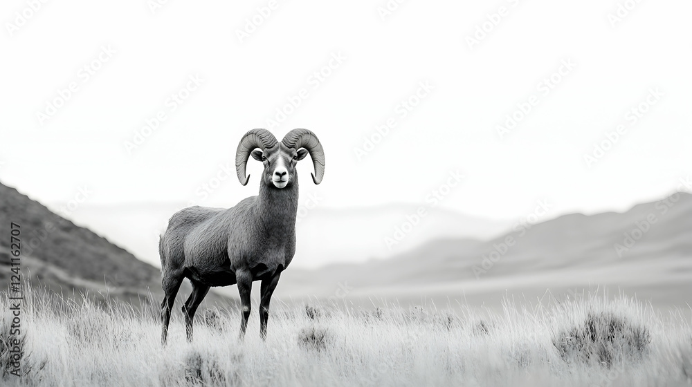 Majestic ram stands in grassy field, mountains backdrop; wildlife conservation poster Majestic ram stands in grassy field, mountains backdrop; wildlife conservation poster