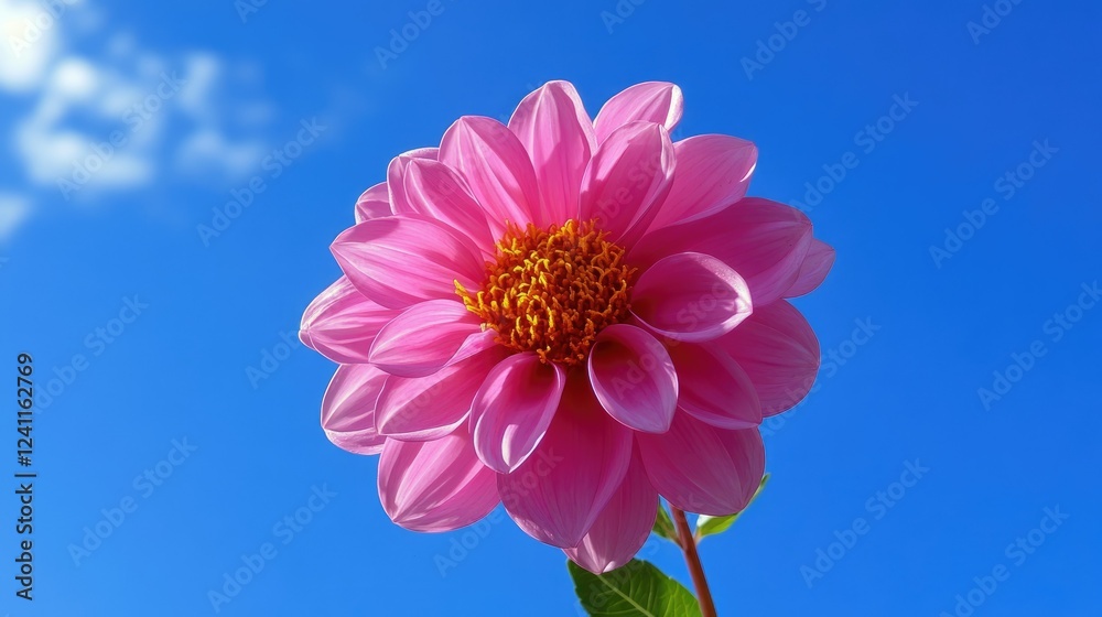Vibrant Pink Dahlia Flower Against Clear Blue Sky Background Vibrant Pink Dahlia Flower Against Clear Blue Sky Background