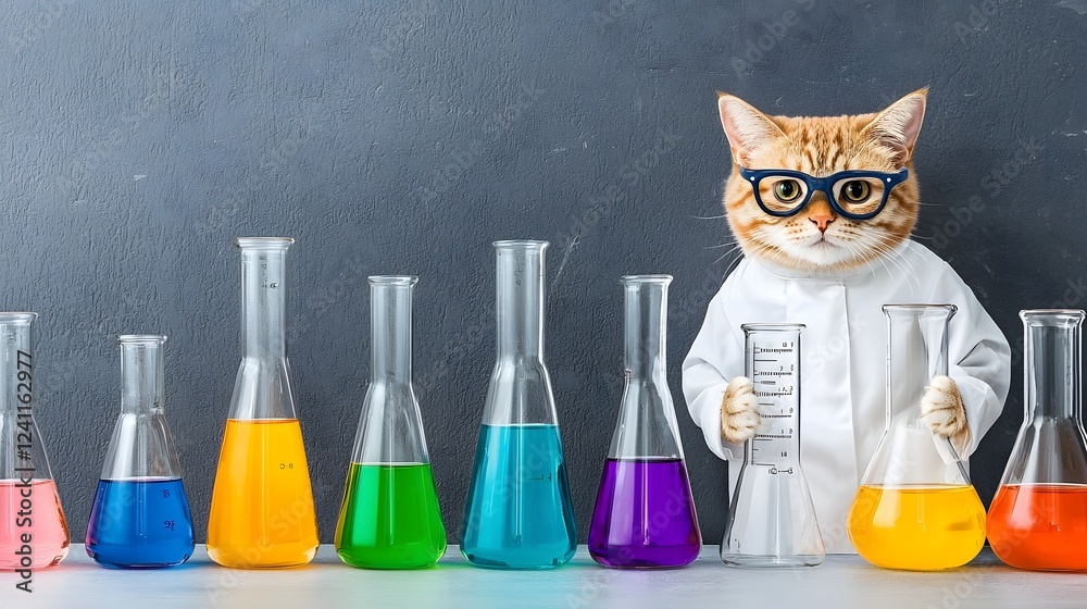 Adorable Tabby Cat Scientist Surrounded by Vibrant Laboratory Glassware and Equipment A charming and whimsical digital depicting a curious feline in a lab coat and goggles