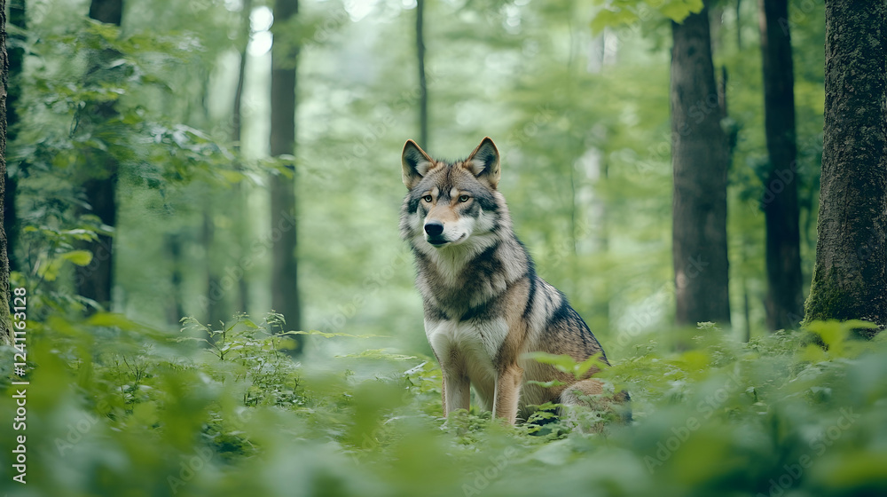 Majestic wolf sitting in lush green forest; serene nature scene; wildlife photography for conservation Majestic wolf sitting in lush green forest; serene nature scene; wildlife photography for conservation
