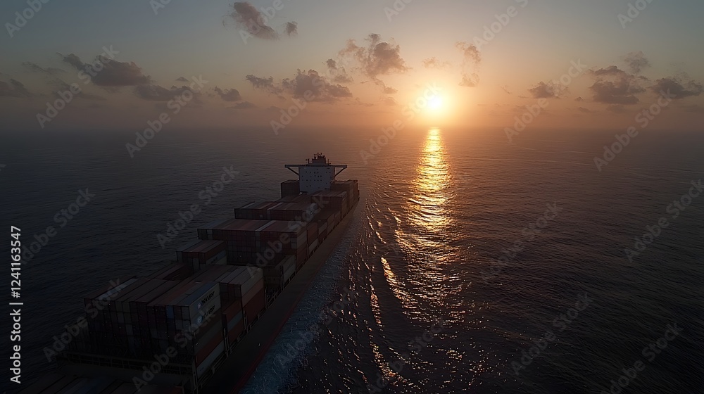 Aerial drone shot of a large cargo shipping vessel sailing towards the horizon at sunrise with stacks of shipping containers on board The image captures the global logistics and trade industry Aerial drone shot of a large cargo shipping vessel sailing towards the horizon at sunrise with stacks of shipping containers on board The image captures the global logistics and trade industry