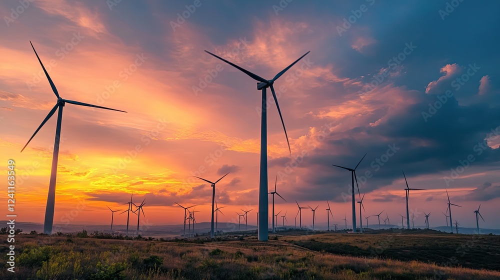 Obraz premium Wind Turbines at Sunset Under Dramatic Sky in Renewable Energy Landscape