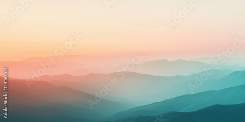 Soft pastel hues create an abstract background with gentle mountain silhouettes at dawn over a serene landscape that evokes a sense of tranquility and calmness in nature