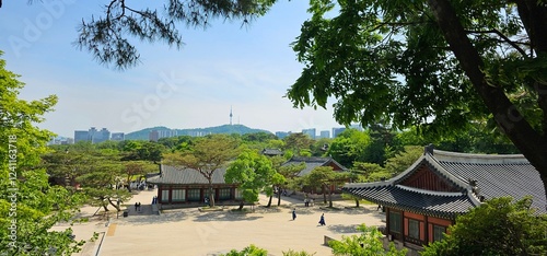 Changdeokgung Palace View with Namsan Tower in the Background photo