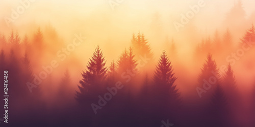Warm sunset light creates a fog effect over a dense forest landscape filled with evergreen trees and mysterious atmospheres