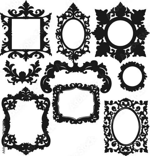 Vector set of decorative ornamental frame silhouette for picture or photo on white background.