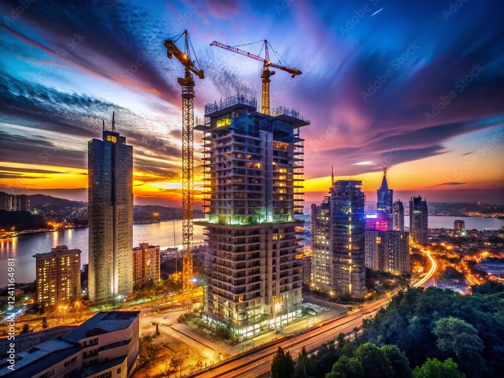 Fototapeta premium Night Construction: Istanbul's Rising Skyscraper - Dramatic Cityscape