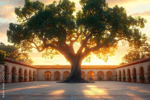 A majestic, sprawling tree with a wide canopy stands at the center of a serene courtyard, illuminated by the warm glow of sunset against a backdrop of arches and greenery.