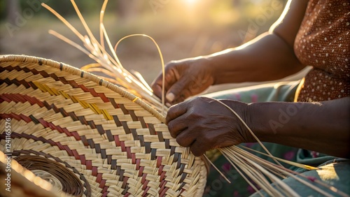 Skilled Hands Weaving Traditional Colorful Basket Outdoors at Sunset