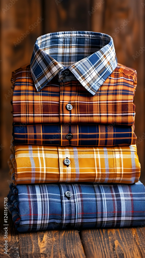 Stacked Plaid Shirts, Autumn Colors, Soft Fabric, Buttoned Style Stacked Plaid Shirts, Autumn Colors, Soft Fabric, Buttoned Style