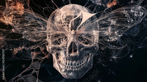 Intricate skull with butterfly wings dark background 3d art fantasy environment close-up view surreal concept