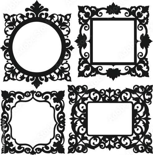 Vector set of decorative ornamental frame silhouette for picture or photo on white background.