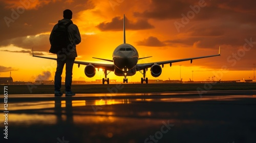 Spotter Hobbyist Capturing Photos of Approaching Planes Landing at Sunset on Aerodrome photo