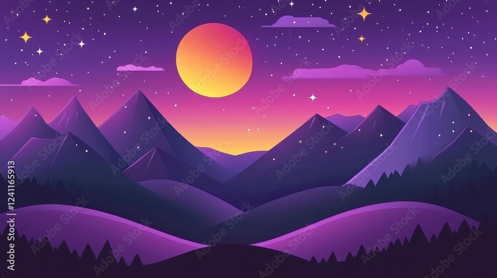 Fototapeta premium Colorful Sunset Landscape with Mountains and Starry Night Sky