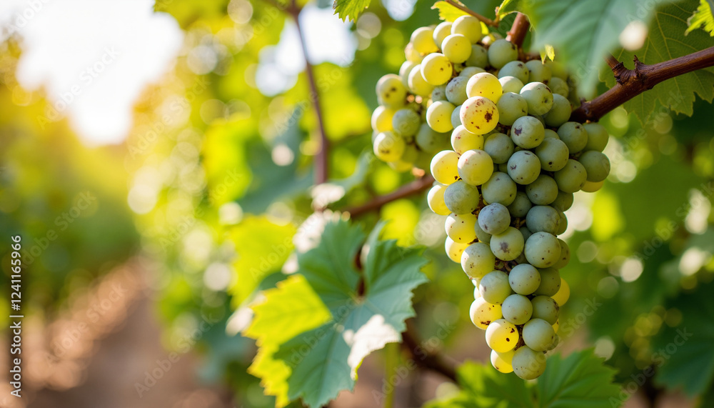 Close-up of green grapes on vine in vineyard, late summer freshness Close-up of green grapes on vine in vineyard, late summer freshness