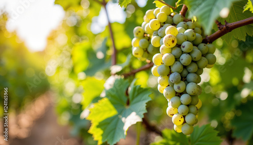 Close-up of green grapes on vine in vineyard, late summer freshness photo