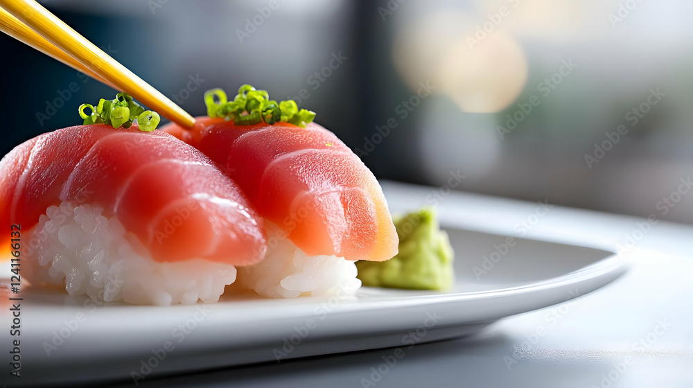 Delicious sushi rolls on a plate, topped with fresh fish and garnished with green onions and wasabi. Delicious sushi rolls on a plate, topped with fresh fish and garnished with green onions and wasabi.