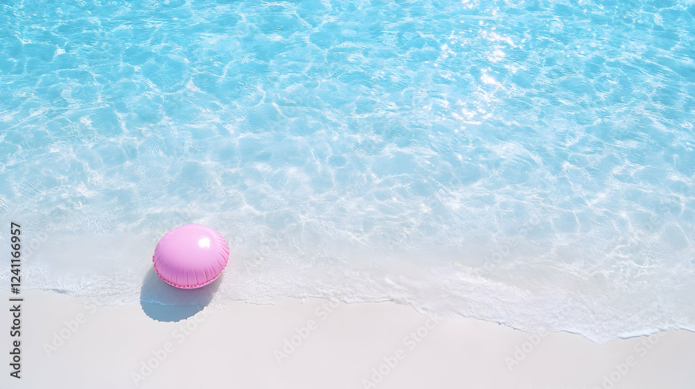 Naklejka premium Pink inflatable ring on sandy beach, ocean waves background. Summer vacation, travel concept