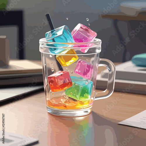 A transparent mug filled with colorful ice cubes and effervescent bubbles, placed on a clean desk surface, crafting a vibrant and refreshing visual appeal.