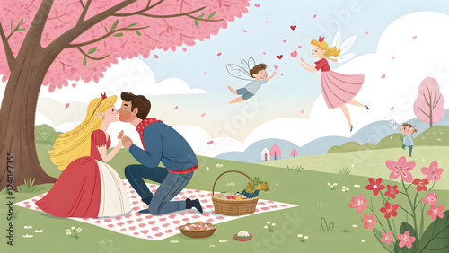 A sweet and whimsical illustration of a couple getting engaged during a romantic picnic in a blossoming spring park.