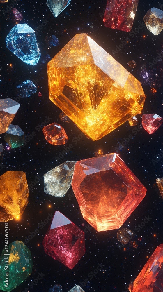 Floating multicolored gems like citrine topaz and garnet glowing against a dark starry background evoking a cosmic luxury aesthetic Floating multicolored gems like citrine topaz and garnet glowing against a dark starry background evoking a cosmic luxury aesthetic