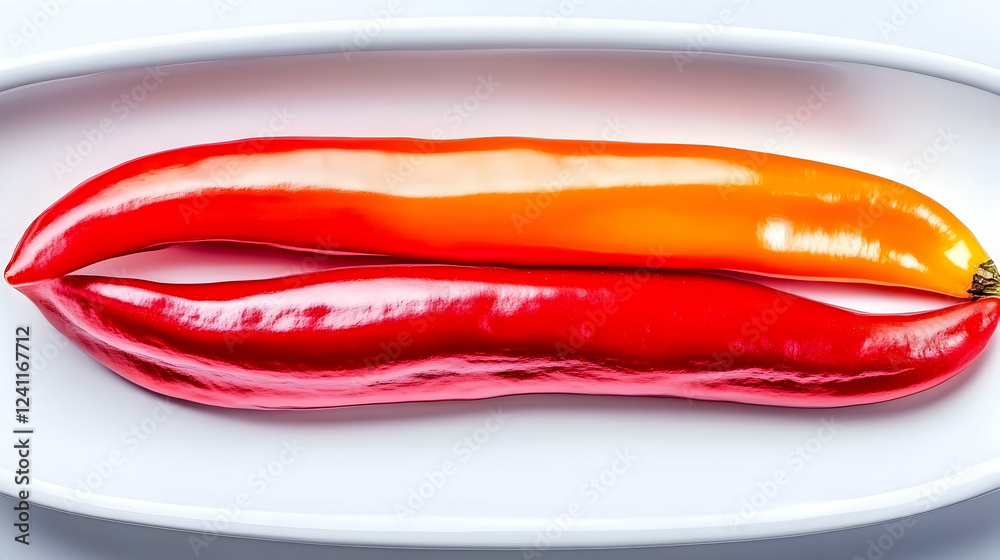 Red and orange chili peppers arranged like lips on a white oval dish; food photography for recipe blogs or websites Red and orange chili peppers arranged like lips on a white oval dish; food photography for recipe blogs or websites