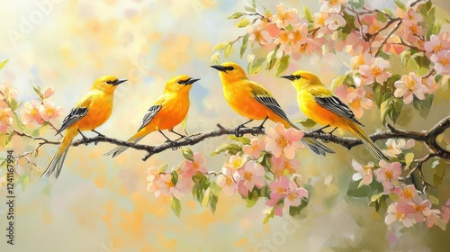 Vibrant Yellow Birds Perched on Branch with Beautiful Blossoms