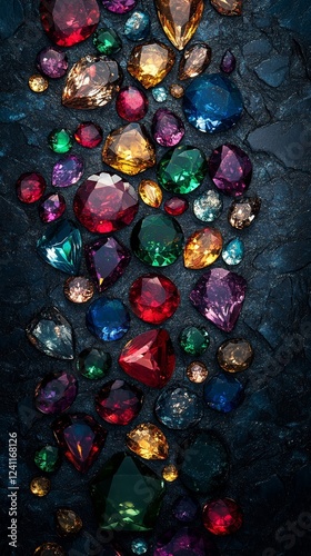 Shimmering gemstone background featuring scattered emeralds sapphires and rubies with glowing highlights on a deep black velvet texture luxurious and vibrant 