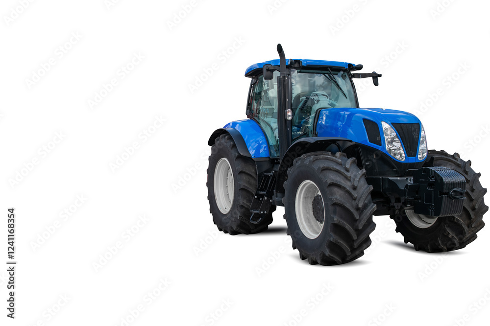 A blue tractor with white tires is parked on a white background A blue tractor with white tires is parked on a white background