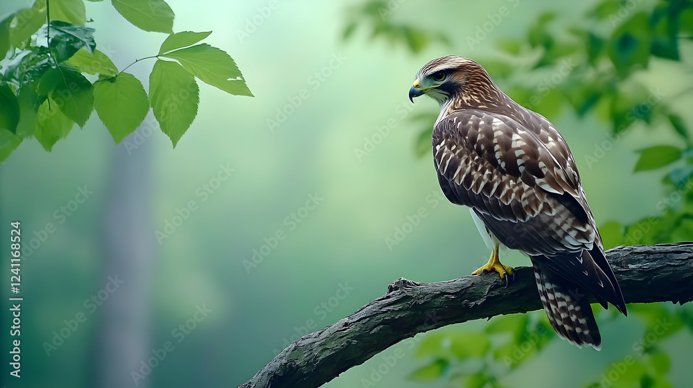 Red-tailed hawk perched on branch, forest background, wildlife photography, nature poster Red-tailed hawk perched on branch, forest background, wildlife photography, nature poster