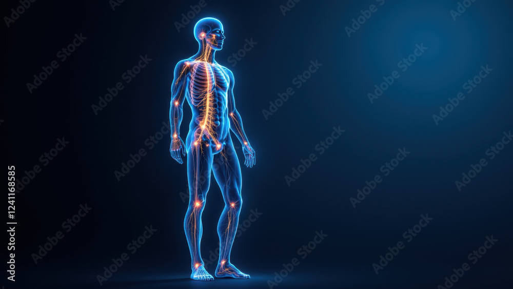Anatomical illustration of a human with highlighted VNS (Vagus Nerve Stimulation) system for medical or educational purposes.