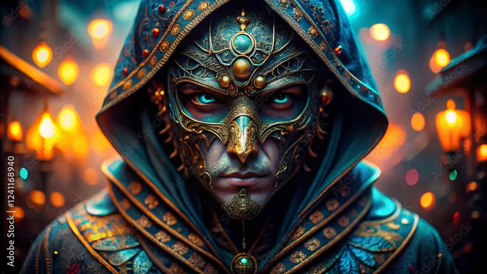Fototapeta premium Mysterious Hooded Figure with Intricate Mask, Close-up Tilt-Shift Portrait