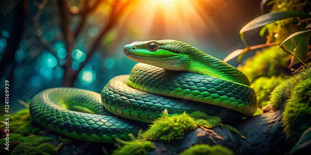 Fototapeta premium Mystical Green Snake Hidden Among Forest Roots - Minimalist Nature Photography