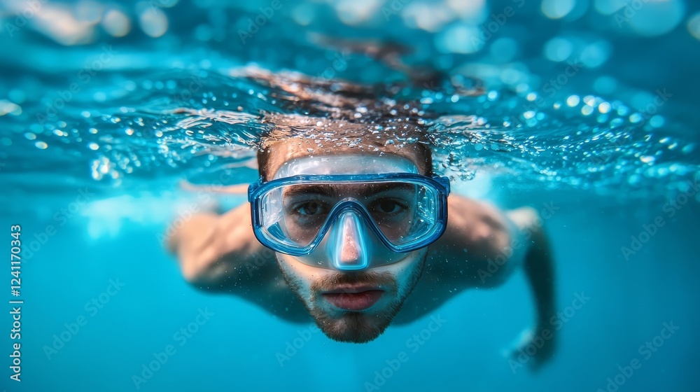 Fototapeta premium Tranquil escape, man snoozing peacefully with mask in serene blue water