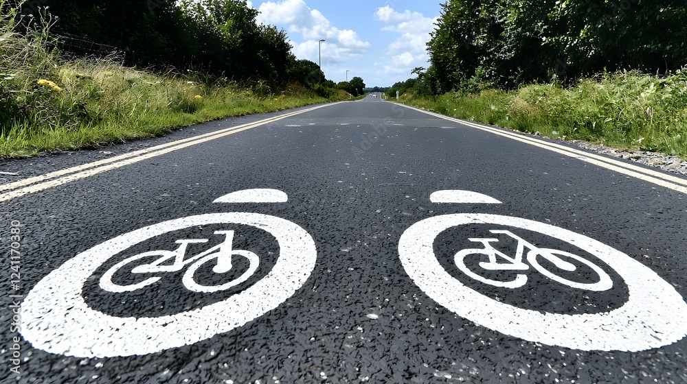 Biker s perspective view of a long uninterrupted bike lane marked with bright white bicycle symbols creating a seamless and inviting path for cycling enthusiasts