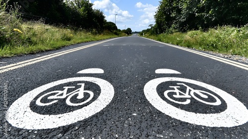 Obraz na płótnie Biker s perspective view of a long uninterrupted bike lane marked with bright white bicycle symbols creating a seamless and inviting path for cycling enthusiasts w salonie