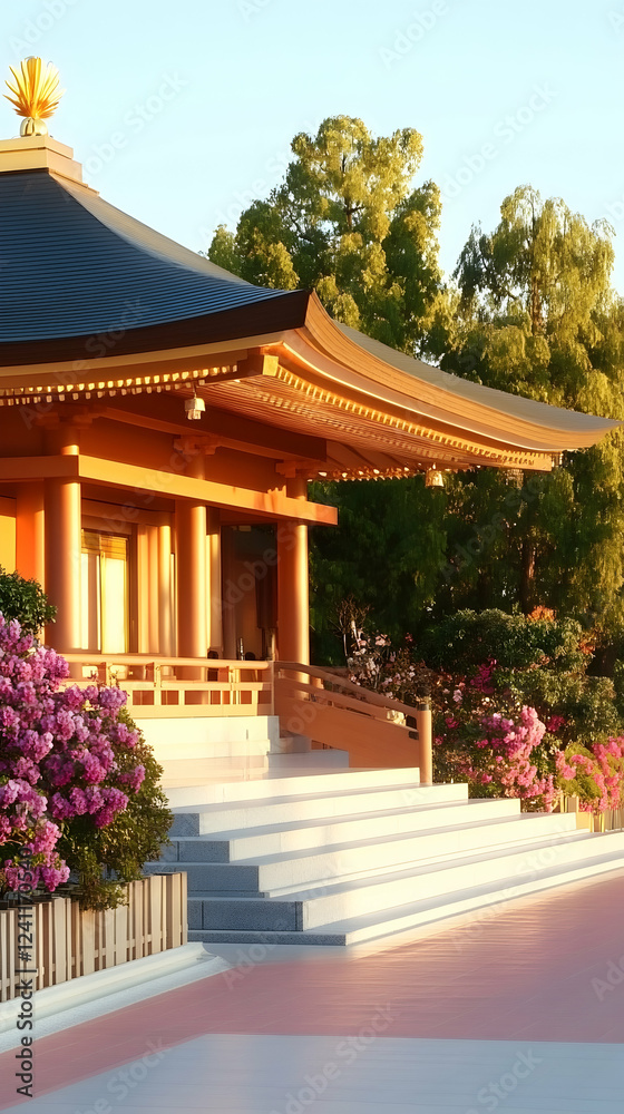 Serene Japanese temple at sunrise, lush garden backdrop, peaceful atmosphere, ideal for travel brochures Serene Japanese temple at sunrise, lush garden backdrop, peaceful atmosphere, ideal for travel brochures