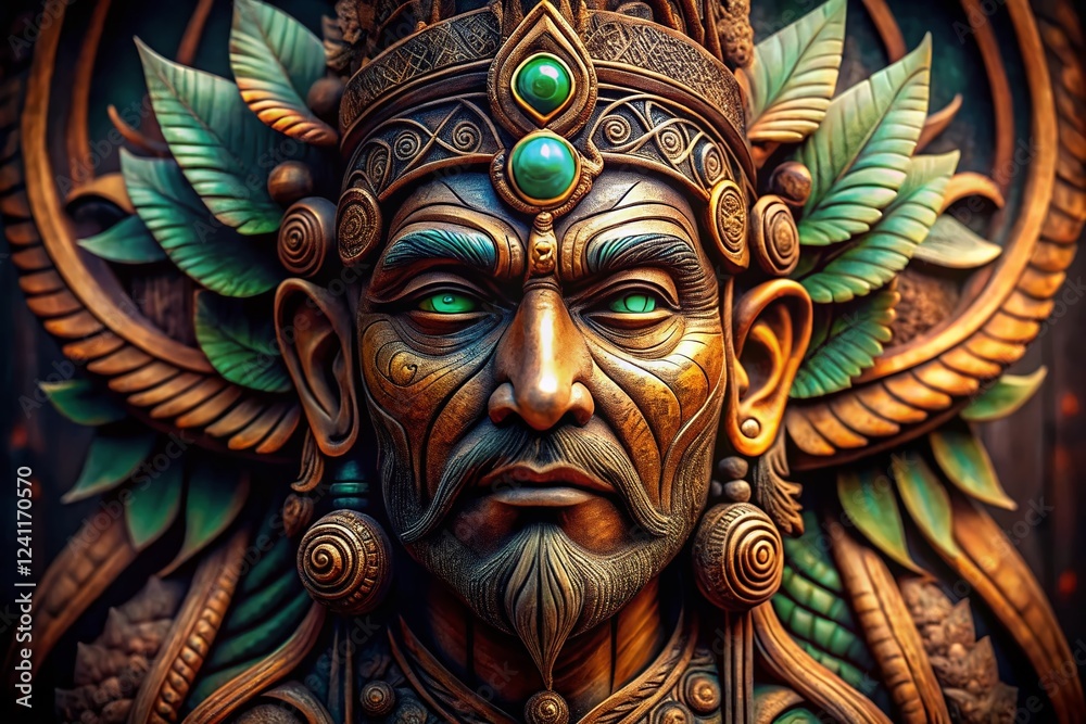 Naklejka premium Mystical Wooden Totem Idol: Pagan Ritualistic Carving Stock Photo